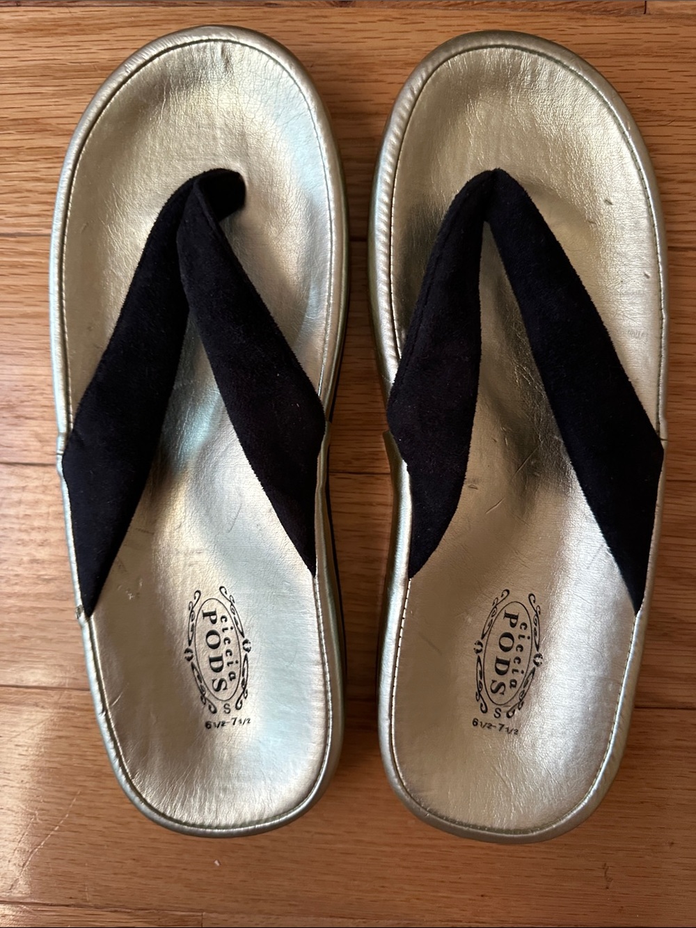 Metallic Gold Footbed Sandal with Black Suede Straps